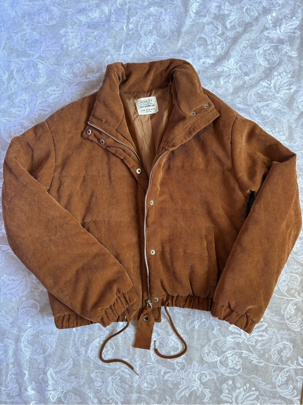 Ashley By 26 International Camel Brown Corduroy Puffer Bomber Jacket Sz Medium
